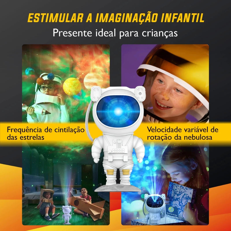 Projetor Galaxy Astronaut Branco – Estrutura Colorida com Luzes de Estrelas e Controle Remoto