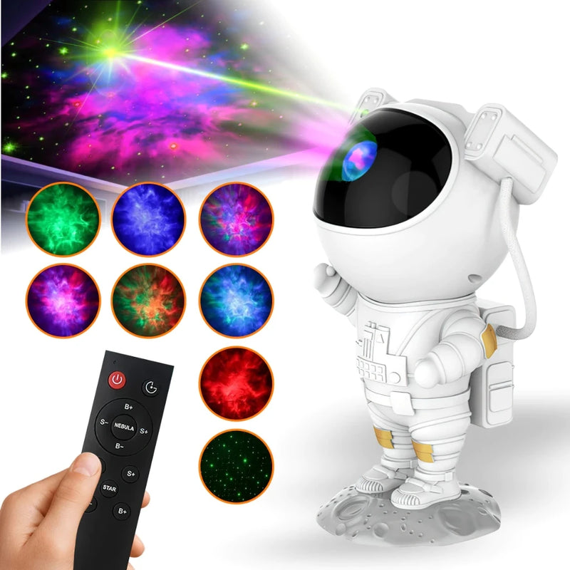 Projetor Galaxy Astronaut Branco – Estrutura Colorida com Luzes de Estrelas e Controle Remoto