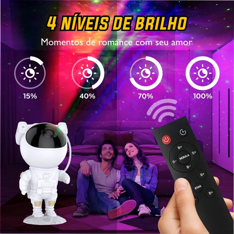 Projetor Galaxy Astronaut Branco – Estrutura Colorida com Luzes de Estrelas e Controle Remoto