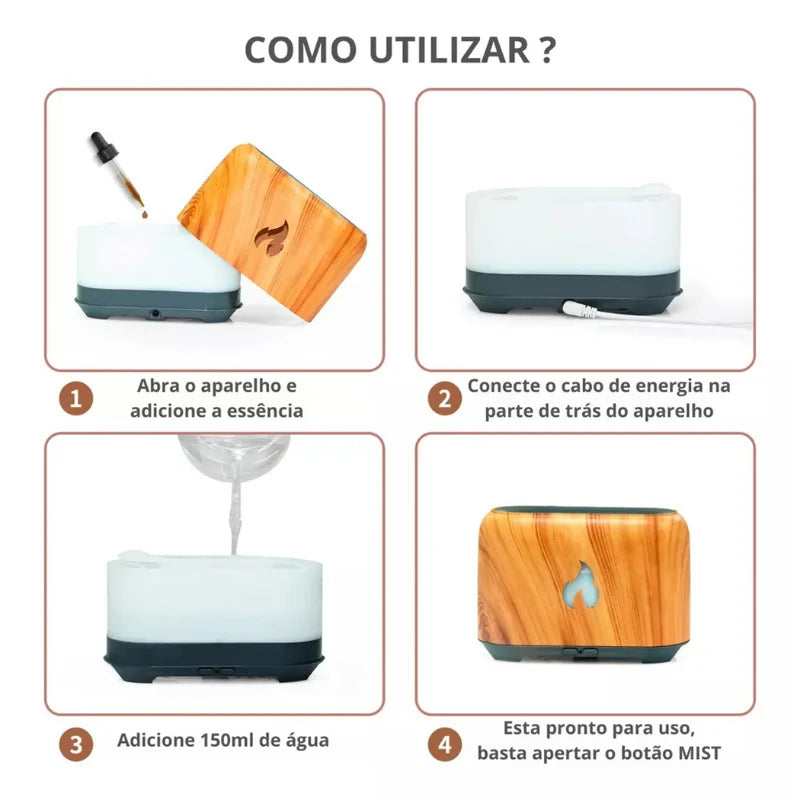 Umidificador Bivolt de 150 ml e difusor de efeito de chama – Melhore a qualidade do ar e a aromaterapia