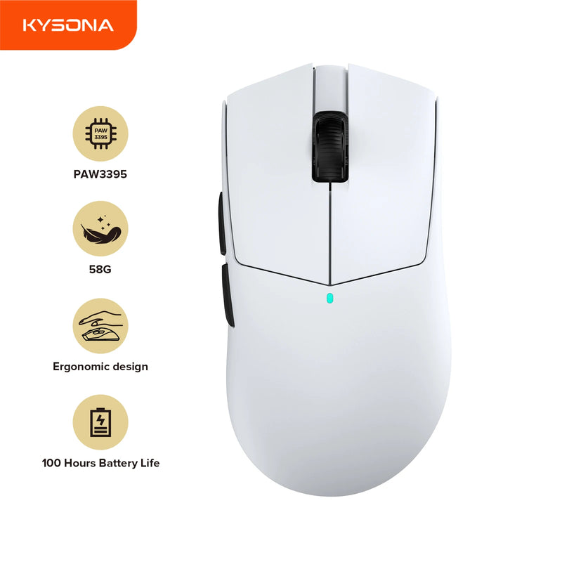 Mouse Gamer Sem Fio Kysona M511 PAW3395 – Ultra-Leve 58g, 26000 DPI, 6 Botões, Sensor Óptico de 90M para Laptop