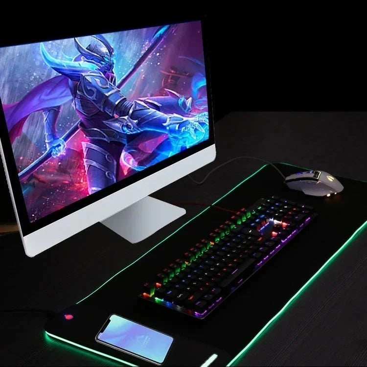 Mouse Pad Gamer 2 em 1 Extra Grande (80x30cm) com Carregador Sem Fio 15W e Iluminação RGB de 7 Efeitos