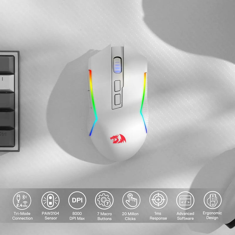 Redragon M693 – Mouse Gamer RGB 8000 DPI com Conexão 3 Modos (USB, Bluetooth, 2.4G) para PC/Mac/Laptop